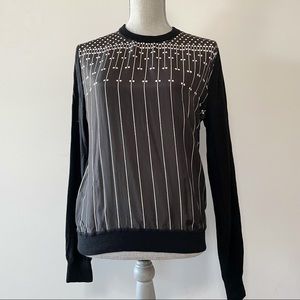 Carven black with white design, luxury silk front merino wool light sweater